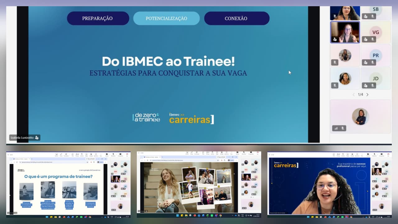 Tela de uma apresentação online com o título “Do IBMEC ao Trainee!” e o subtítulo “Estratégias para conquistar a sua vaga”, mostrando slides e participantes em vídeo chamada ao lado.