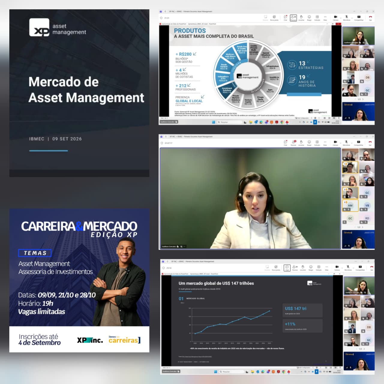 Pôster e telas de apresentação do evento “Mercado de Asset Management” da XP, com chamadas de “Carreira & Mercado Edição XP”, datas 09/09 a 28/10 e chamadas de produtos e gráficos em slides.