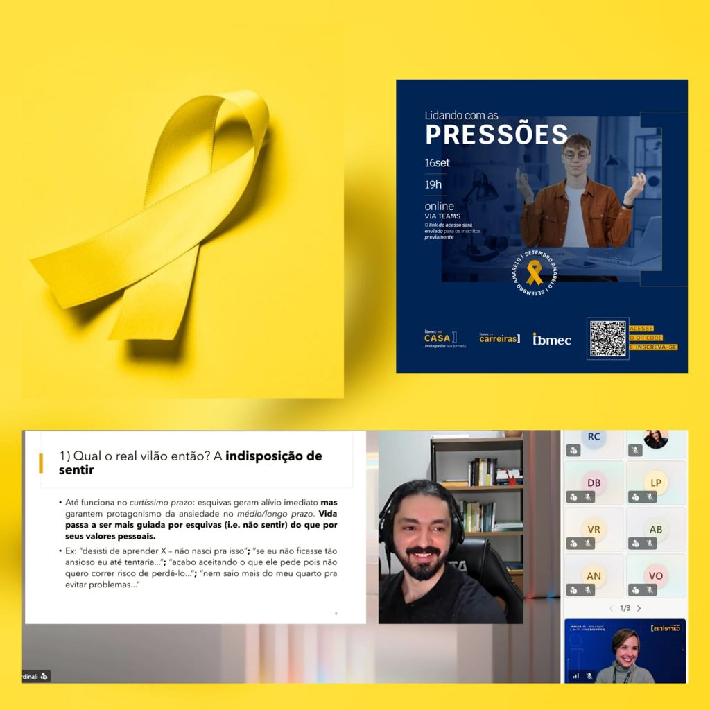 Imagem de divulgação com fita amarela em fundo amarelo, layout de evento “Lidando com as pressões”, texto com pergunta sobre desvio de sentir e captura de tela de uma conversa online.