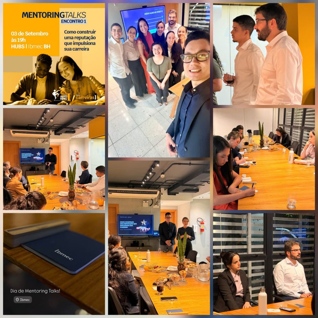 Montagem de fotos do evento Mentoring Talks: pessoas em palestras e networking em sala de reunião, apresentador com telão, mesa com participantes e placa com data e local, em ambiente corporativo