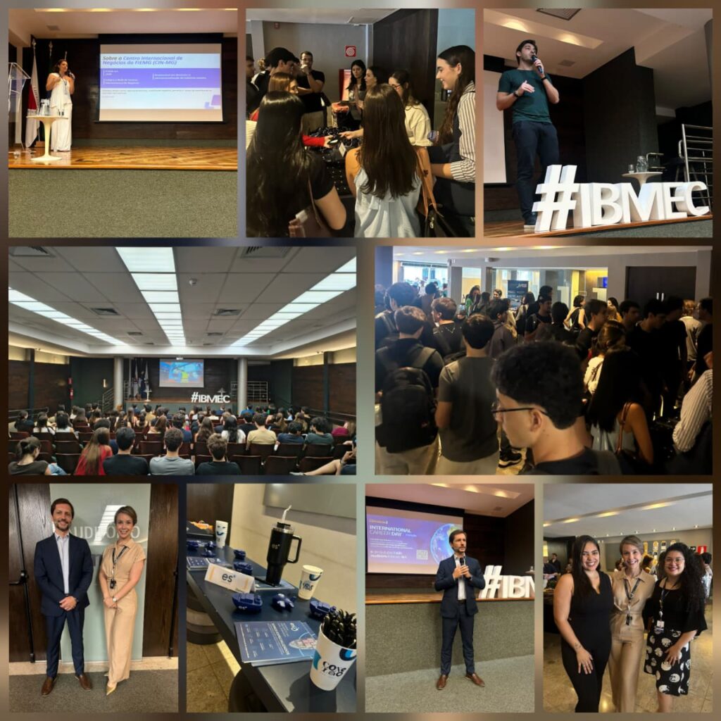Colagem com fotos de evento em auditório e área de palestras, com pessoas assistindo, networking e apresentação em palco, incluindo destaque para o hashtag #IBMEC em painéis e decoração